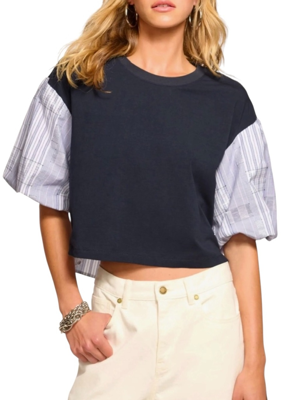Ramy Brook Toula Mixed Media Crop Top Navy Stripe Knit Puff Sleeve M
